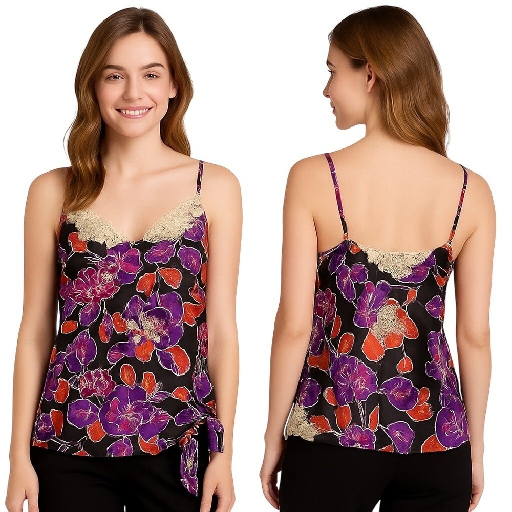 Mixit Petite Floral‎ Lace Trim Camisole PM Satin Side Tie V Neck Cami Boho Top